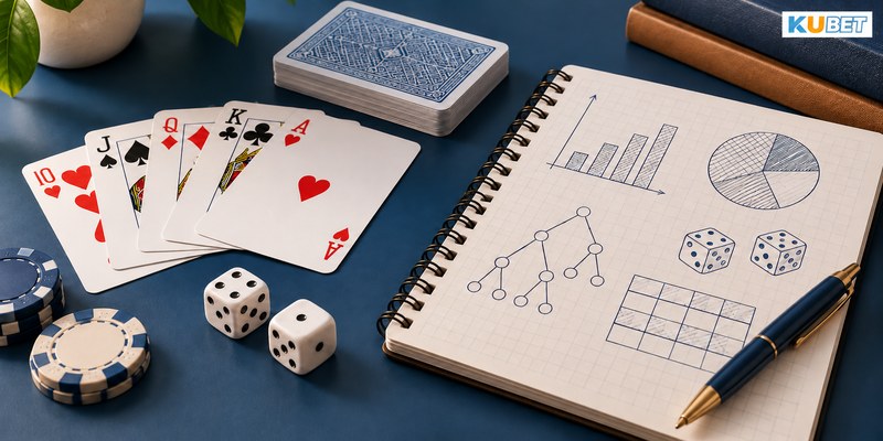 Bài, xúc xắc và sổ ghi chép minh họa thuật ngữ casino