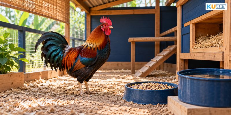Chuồng có nơi trú và thức ăn minh họa chăm sóc gà