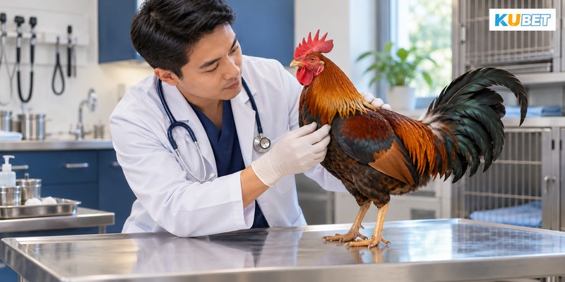 Bác sĩ thú y kiểm tra gà nhẹ nhàng