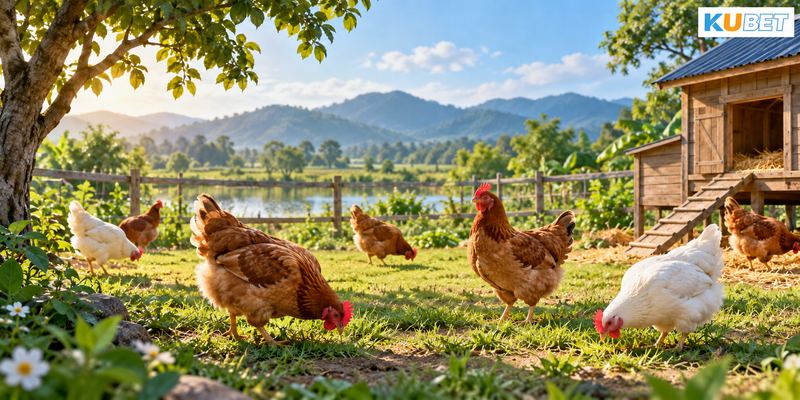 Đàn gà sinh hoạt trong khu vườn